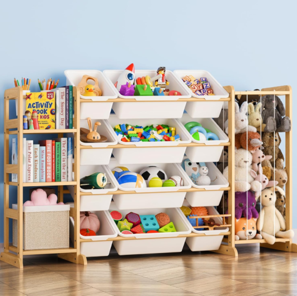 Children's toy storage rack with bookshelf and multi-category storage baskets